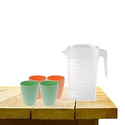 Foto van Set van 1x waterkan 1 liter met drinkbekers 2x groen en 2x oranje - schenkkannen