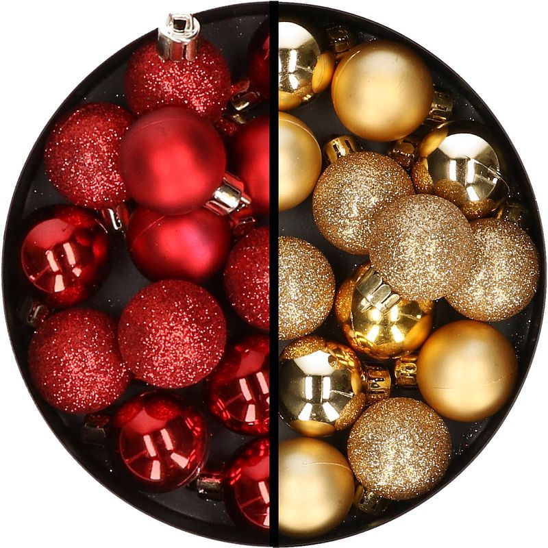 Foto van 34x stuks kunststof kerstballen rood en goud 3 cm - kerstbal