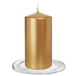 Foto van Trend candles - stompkaarsen met glazen onderzetters set van 2x stuks - goud metallic 6 x 12 cm - stompkaarsen