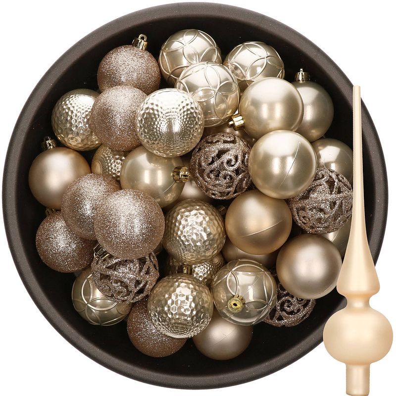 Foto van 37x stuks kunststof kerstballen 6 cm incl. glazen piek champagne - kerstbal