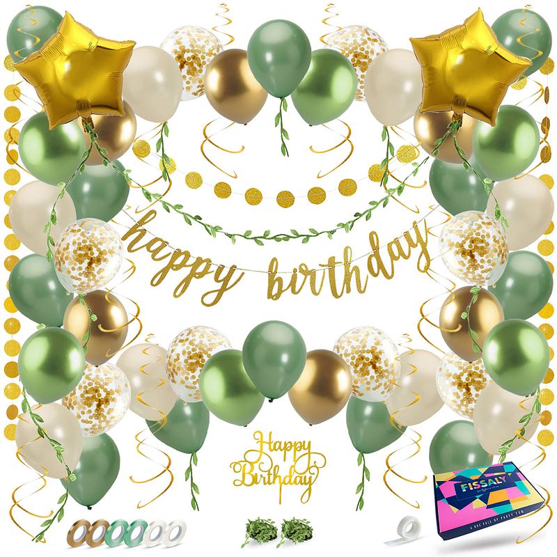 Foto van Fissaly® happy birthday verjaardag feestpakket groen, goud & beige - papieren confetti ballonnen - decoratie versiering