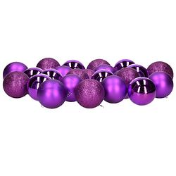 Foto van 24x stuks kerstballen paars mix van mat/glans/glitter kunststof 6 cm - kerstbal