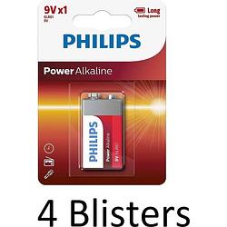 Foto van 4 stuks (4 blisters a 1 st) philips power alkaline batterij 9v