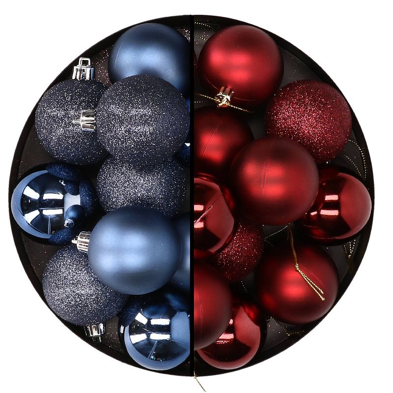 Foto van 24x stuks kunststof kerstballen mix van donkerblauw en donkerrood 6 cm - kerstbal