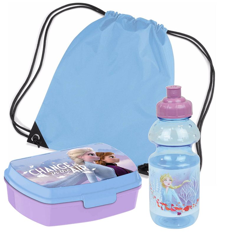 Foto van Disney frozen lunchbox set voor kinderen - 3-delig - blauw/lila - incl. gymtas/schooltas - lunchboxen