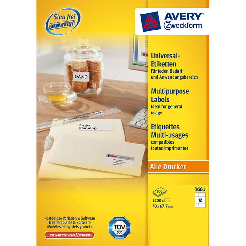 Foto van Etiket avery ilk 70x67,7mm 100 vel 12 etiketten per vel wit