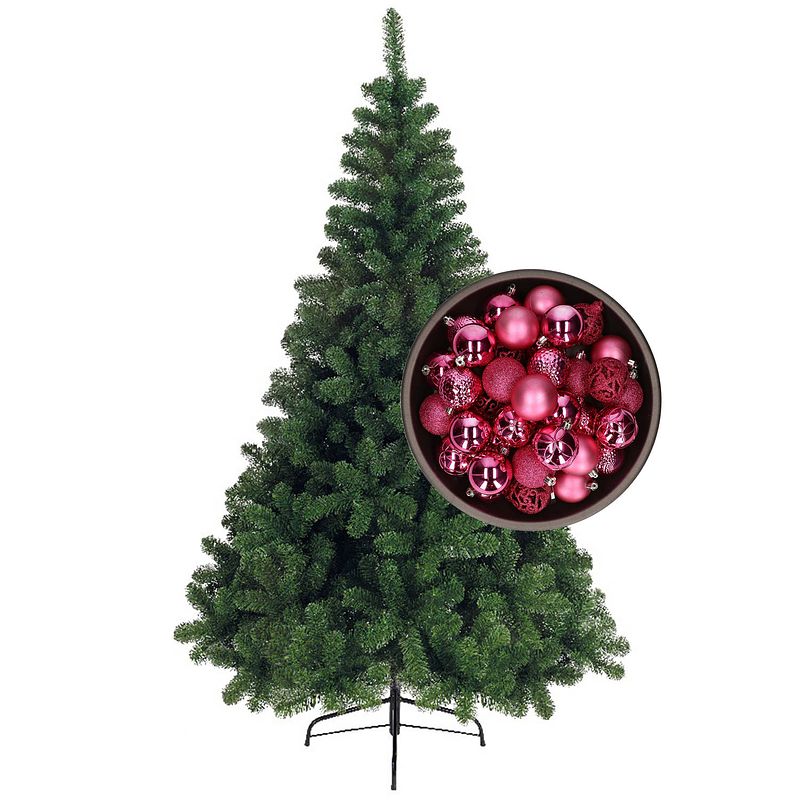 Foto van Bellatio decorations kunst kerstboom 210 cm met kerstballen fuchsia roze - kunstkerstboom