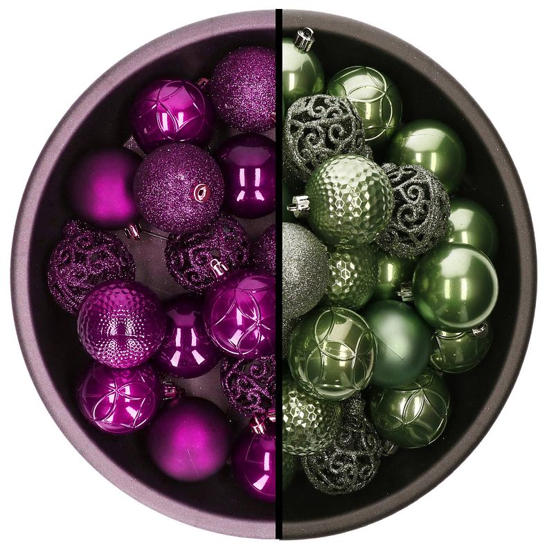 Foto van Decoris kerstballen - 74x st - salie groen en paars - 6 cm - kunststof - kerstbal