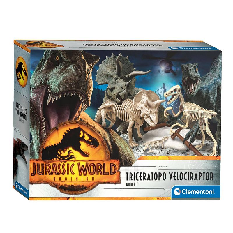 Foto van Clementoni jurassic world triceratops velociraptor graafset