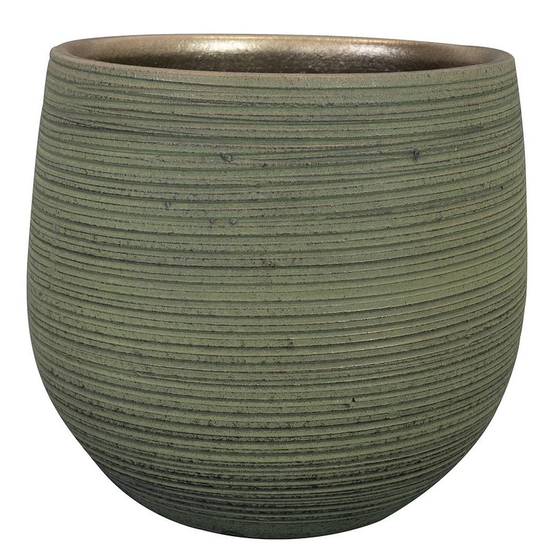 Foto van Plantenpot/bloempot keramiek donkergroen stripes relief - d26/h25 cm - plantenpotten