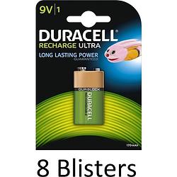 Foto van 8 blisters (8 blisters a 1 st) duracell 9v oplaadbare batterij - 170 mah