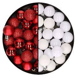 Foto van Kleine kunststof kerstversiering 40x stuks set en 3 cm kerstballen in het wit en rood - kerstbal