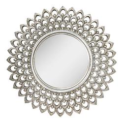 Foto van Haes deco - ronde spiegel met bewerkte rand - zilverkleurig - ø 27x1 cm - polyresin / glas - wandspiegel, spiegel rond