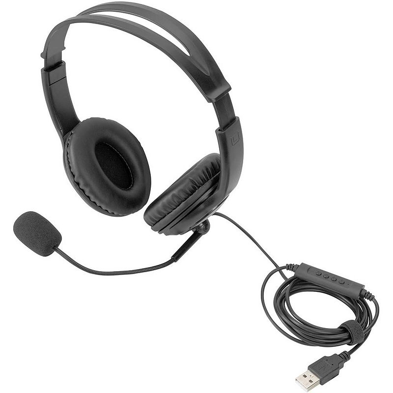 Foto van Digitus da-12204 on ear headset kabel computer stereo zwart ruisonderdrukking (microfoon), noise cancelling volumeregeling, microfoon uitschakelbaar (mute)