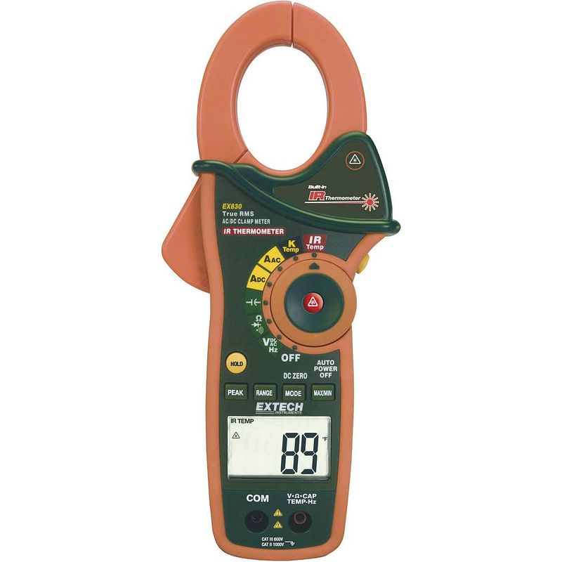 Foto van Extech ex830 stroomtang, multimeter digitaal ir-thermometer cat iii 600 v weergave (counts): 4000