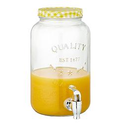Foto van Glazen drankdispenser/limonadetap met geel/wit geblokte dop 3,5 liter - drankdispensers