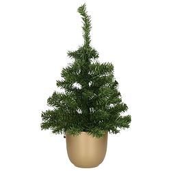 Foto van Kunst kerstboom/kunstboompje groen in gouden pot h60 cm - kunstkerstboom