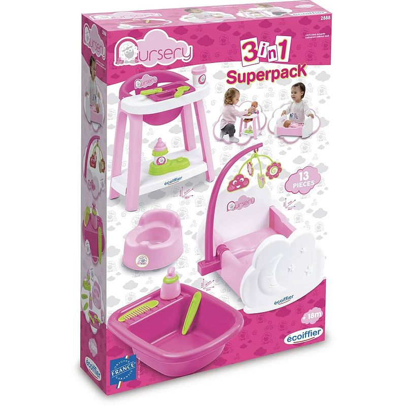 Foto van Babypop met accessoires ecoiffier 3 in 1 nursery