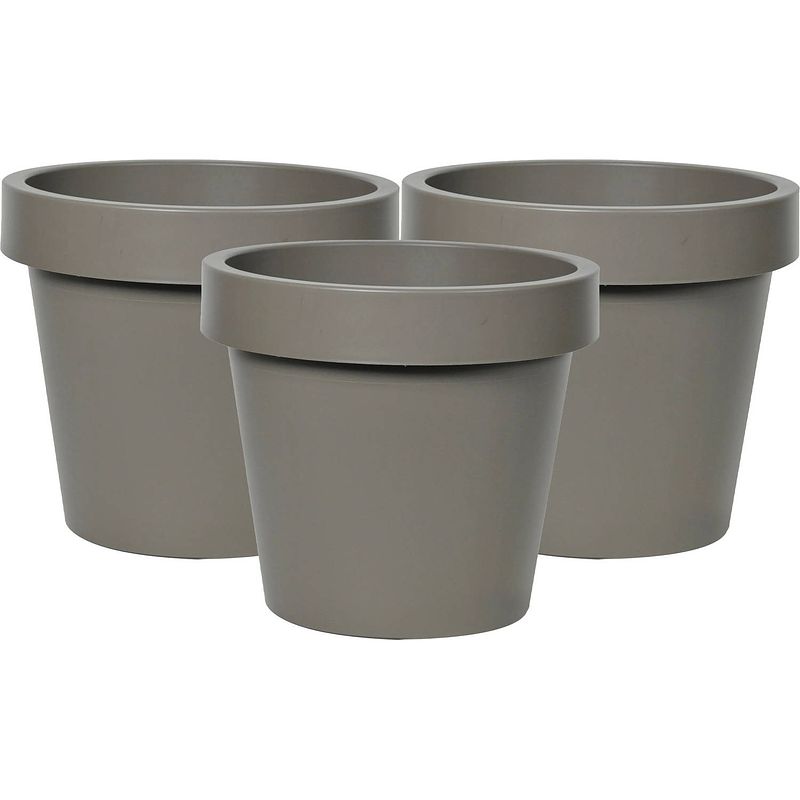 Foto van Plantenpot/bloempot - 3x - kunststof - taupe/bruin - tuin buiten - d25 x h22 cm - plantenpotten