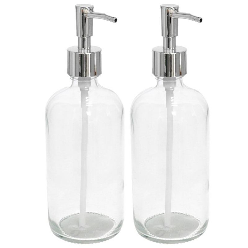 Foto van Set van 2x stuks zeeppompjes/zeepdispensers transparant glas 21 cm - zeeppompjes