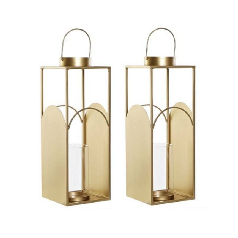 Foto van Set van 2x stuks metalen kaarsenhouders / lantaarns goud met glas 45 cm - lantaarns