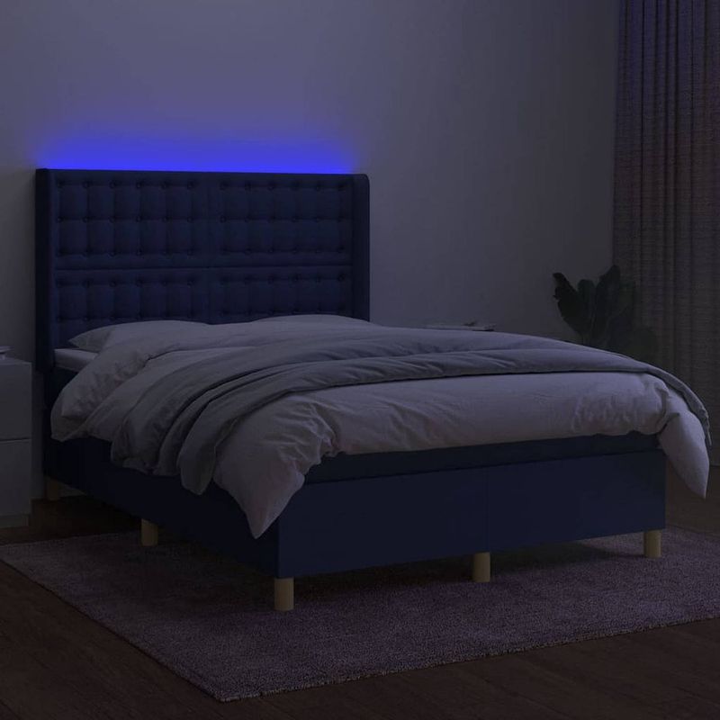 Foto van The living store boxspring bed - led - 193 x 147 x 118/128 cm - blauw - pocketvering matras - huidvriendelijk topmatras