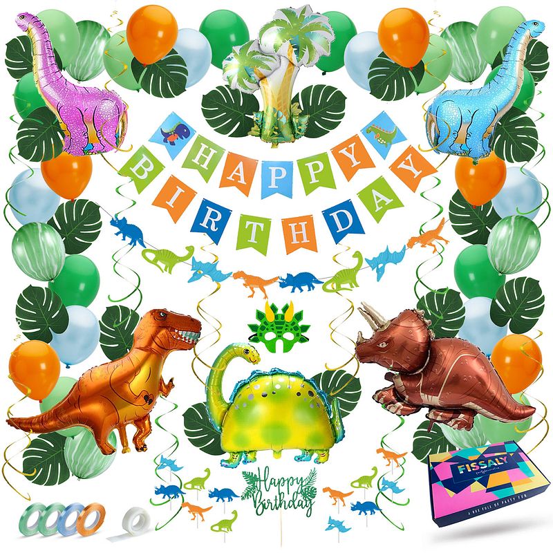 Foto van Fissaly® 87 stuks dinosaurus jungle decoratie set - dino & safari verjaardag versiering - thema kinderfeestje