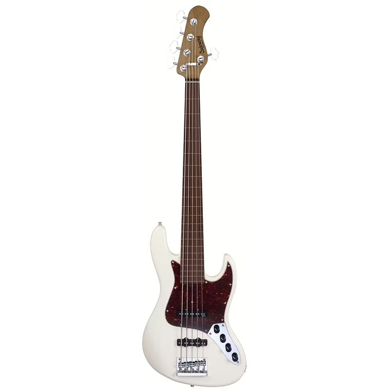 Foto van Sadowsky metroexpress vintage j/j bass morado white 5-snarige fretloze elektrische basgitaar met lijnen