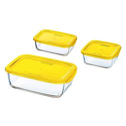 Foto van 3x glazen voedsel bewaar bakjes geel - vershoudbakjes