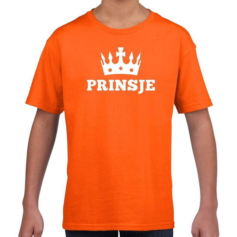 Foto van Oranje prinsje met kroon t-shirt jongens - oranje koningsdag kleding xs (110-116)