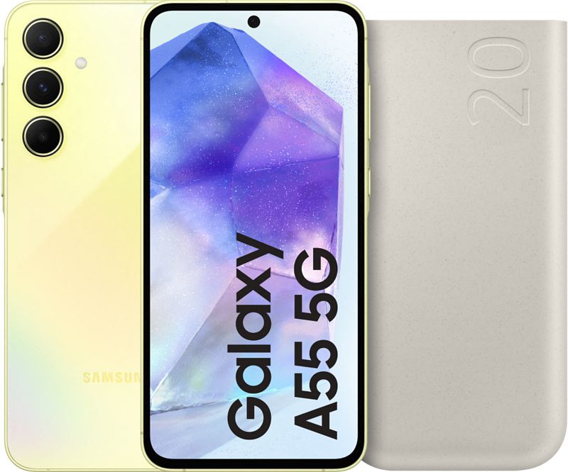 Foto van Samsung galaxy a55 256gb geel 5g + samsung powerbank 20.000 mah met snelladen beige