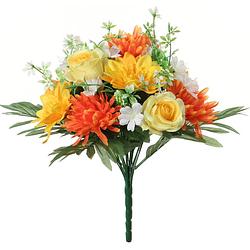 Foto van Louis maes kunstbloemen boeket roos/dahlia - oranje/geel - h36 cm - bloemstuk - bladgroen - kunstbloemen