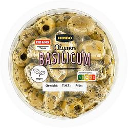 Foto van Jumbo groene olijven basilicum 140g aanbieding bij jumbo | 3 voor 6.00