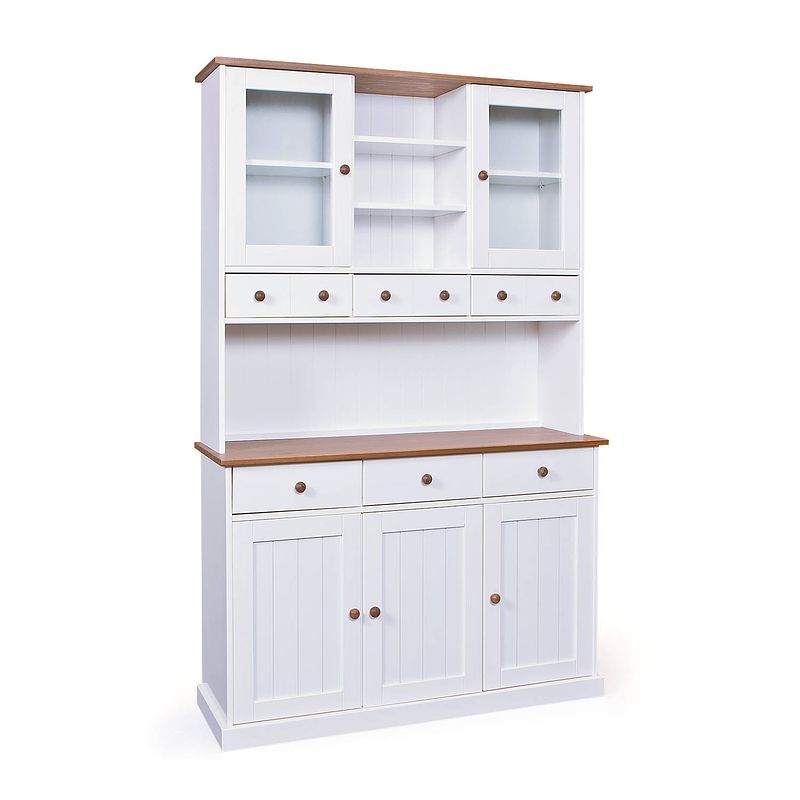 Foto van Wright dressoir 3 deuren, 2 glazen deuren, 3 lades, 3 open ruimtes wit, bruin.