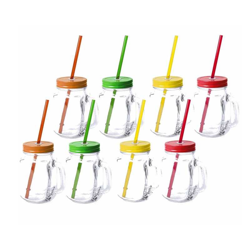 Foto van 8x stuks glazen mason jar drinkbekers met dop en rietje 500 ml - drinkbekers