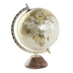Foto van Items deco wereldbol/globe op voet - kunststof - beige/goud - home decoratie artikel - d20 x h30 cm - wereldbollen