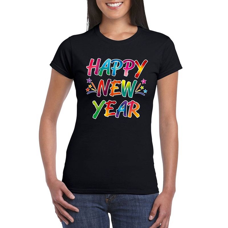 Foto van Gekleurde happy new year t-shirt zwart voor dames s - feestshirts