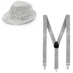 Foto van Party verkleed hoedje en bretels zilver glitters - verkleedhoofddeksels