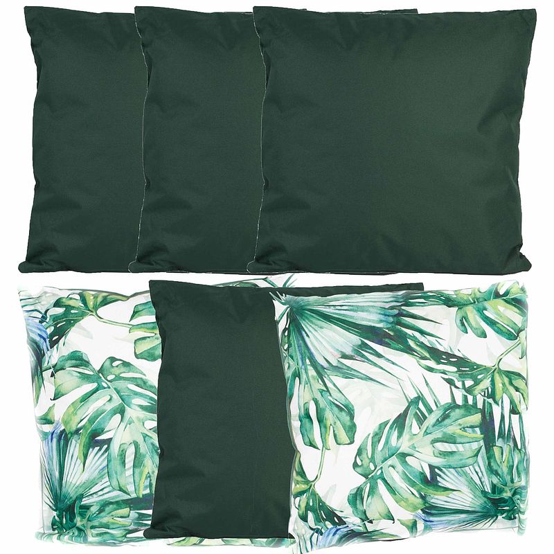 Foto van Bank/tuin kussens set - voor binnen/buiten - 6x stuks - groen/palm print - 45 x 45 cm - sierkussens