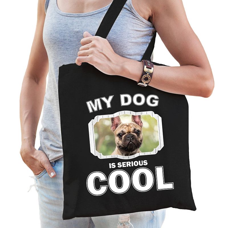 Foto van Katoenen tasje my dog is serious cool zwart - franse bulldog honden cadeau tas - feest boodschappentassen