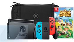 Foto van Nintendo switch rood/blauw + animal crossing new horizons + screenprotector + beschermhoes