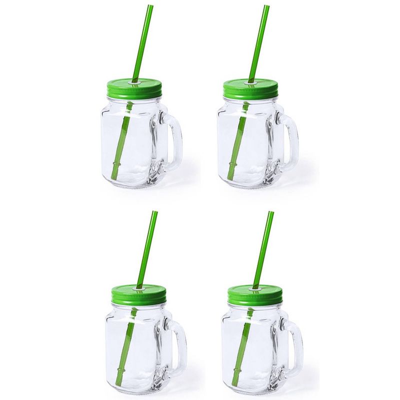 Foto van 4x stuks drink potjes van glas mason jar groene deksel 500 ml - drinkbekers