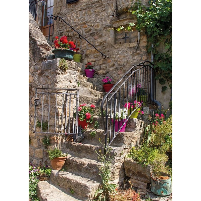 Foto van Tuinschilderij flowers on stairs 70x130cm