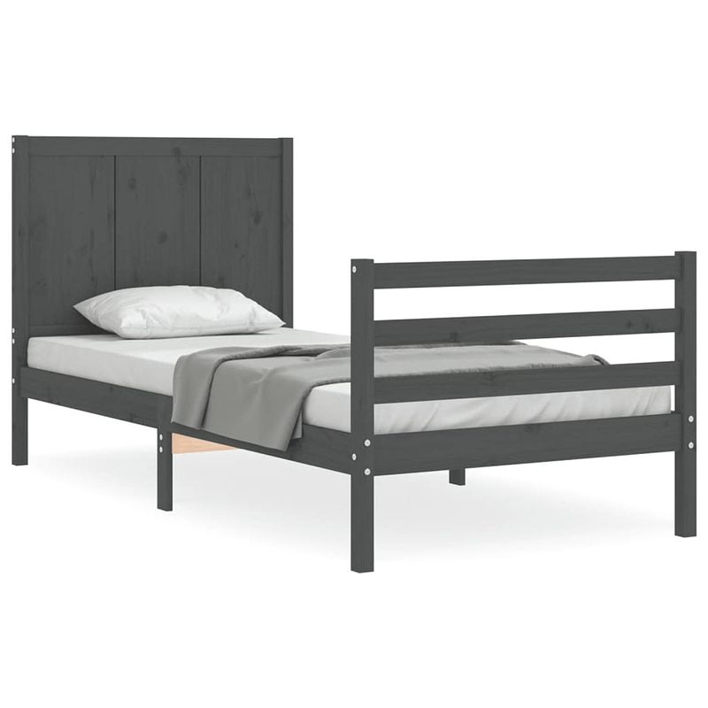 Foto van The living store bedframe - massief grenenhout - grijs - 205.5 x 95.5 x 100 cm - multiplex lattenbodem