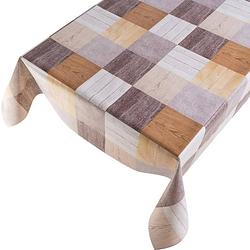 Foto van Buiten tafelkleed/tafelzeil grijze/bruine houten vakken print 140 x 175 cm rechthoekig - tafellakens