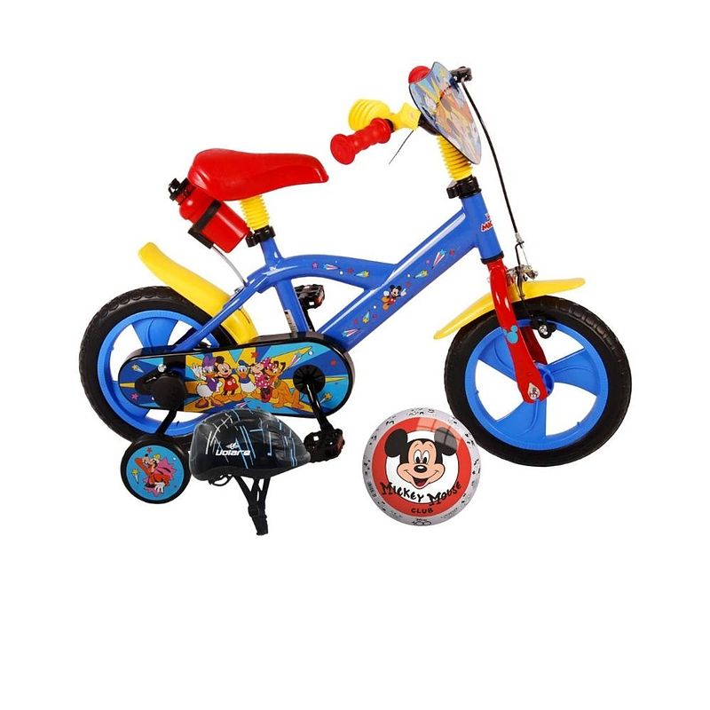 Foto van Volare kinderfiets mickey mouse - 12 inch - doortrapper - met bidonhouder - inclusief fietshelm + accessoires