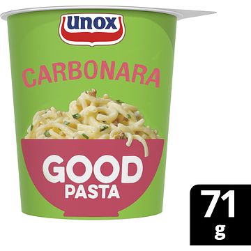 Foto van 1+1 gratis | unox good pasta carbonara 71g aanbieding bij jumbo