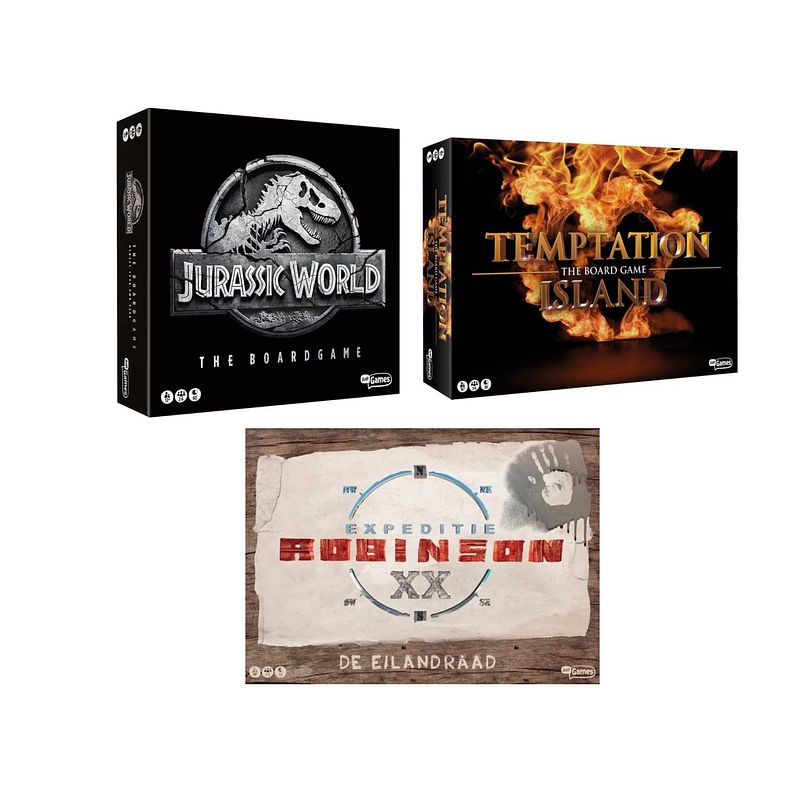 Foto van Spellenset - 3 stuks - jurassic world the boardgame & temptation island & expeditie robinson de eilandraad