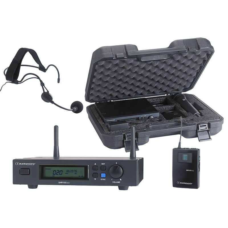 Foto van Audiophony pack-uhf410-head draadloos systeem headset 823-832 en 863-865 mhz + koffer