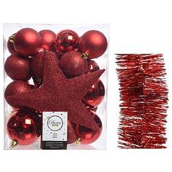 Foto van Kerstversiering kerstballen 5-6-8 cm met ster piek en folieslingers pakket rood van 35x stuks - kerstbal